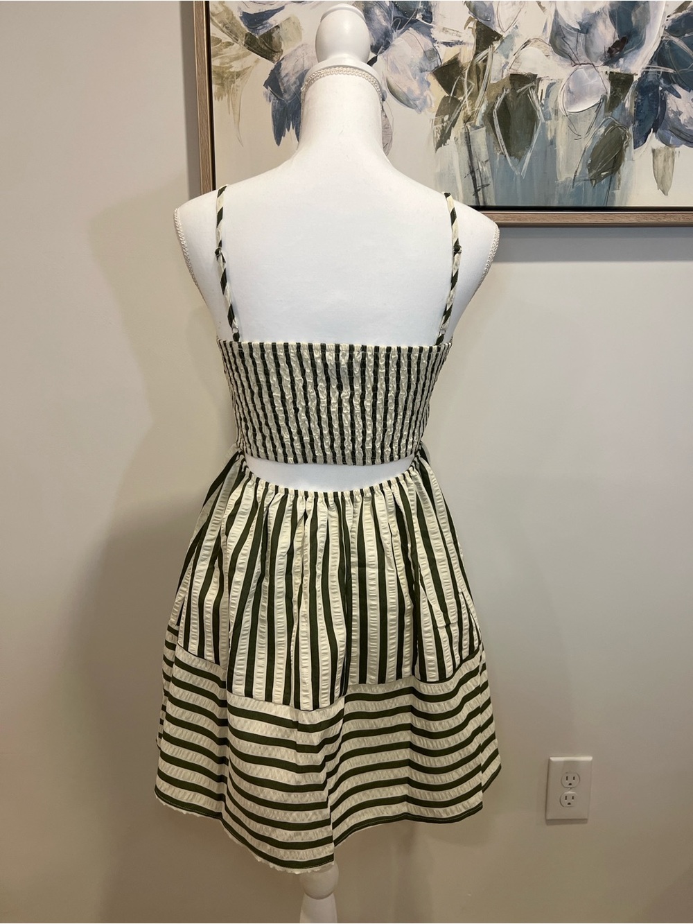 Lulus Yamila Olive Striped Textured Cutout Mini Dress Green - Size M - Picture 4 of 5